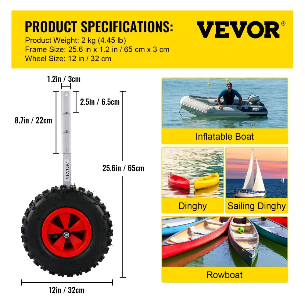 VEVOR Boot Lancering Wielen 272 kg Laadvermogen Rubberboot Bootwielen 30,5 cm Strandwielen Gemaakt van Aluminiumlegering en Rubb