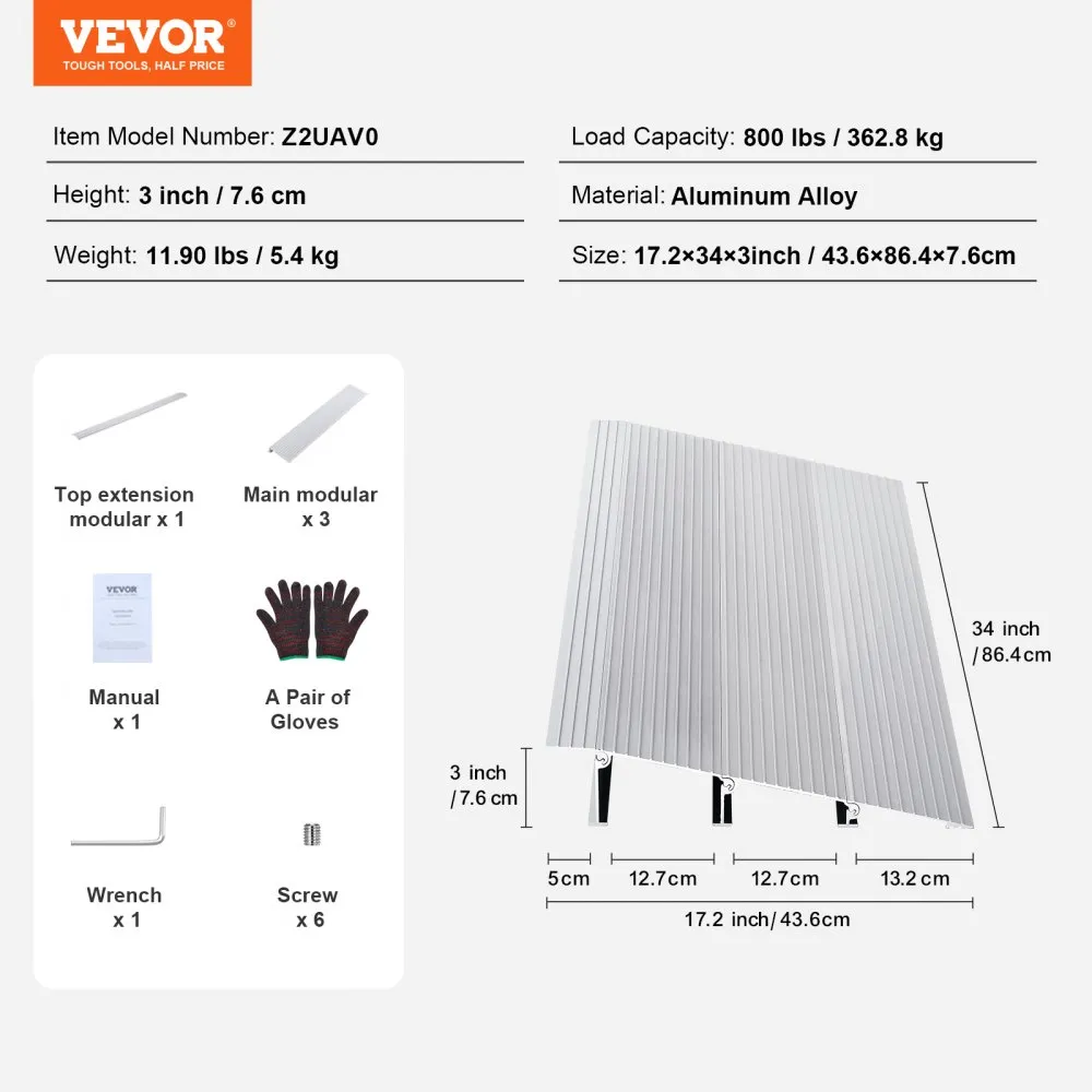 VEVOR Deurdrempel, 3" Hoogte, 800 lbs Laadvermogen Deuroprit voor rolstoelen, Aluminium Instaplijst, Verstelbare Modulaire 