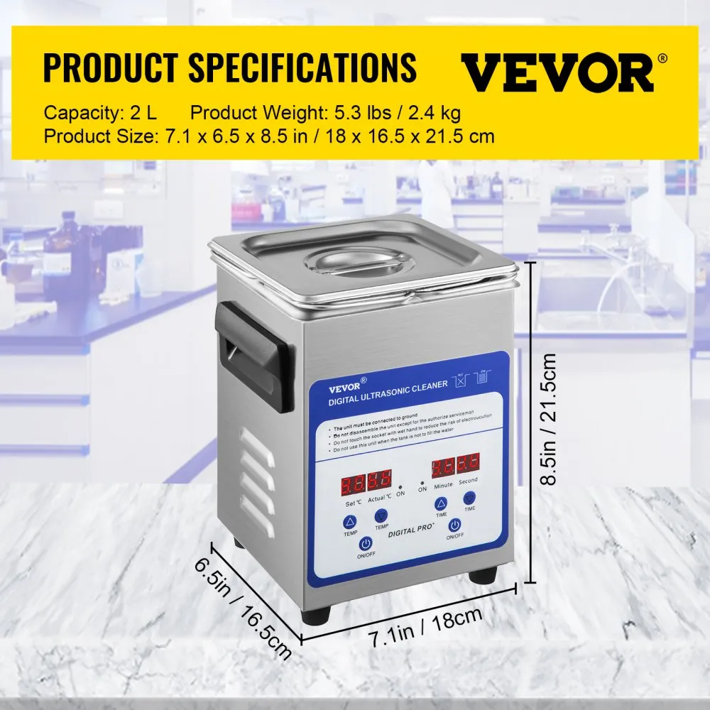 VEVOR Digitale Ultrasone Reiniger 60 W Roestvrij Staal Ultrasone Reinigingsmachine 2 L Ultrasoon Reiniger met 40 kHz Frequentie 