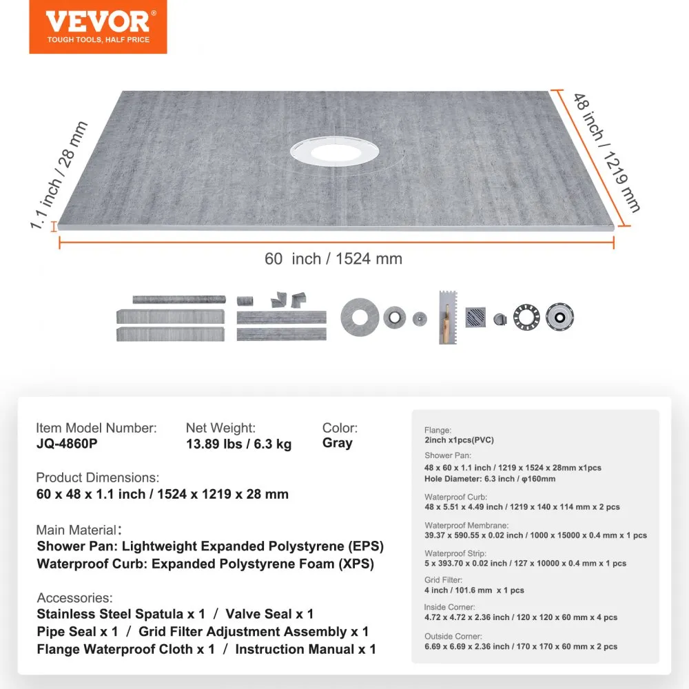 VEVOR doucherandset, 1219 x 1524 mm douchebakset met PVC middenflens, waterdicht membraan, roestvrijstalen rooster en voegafdich