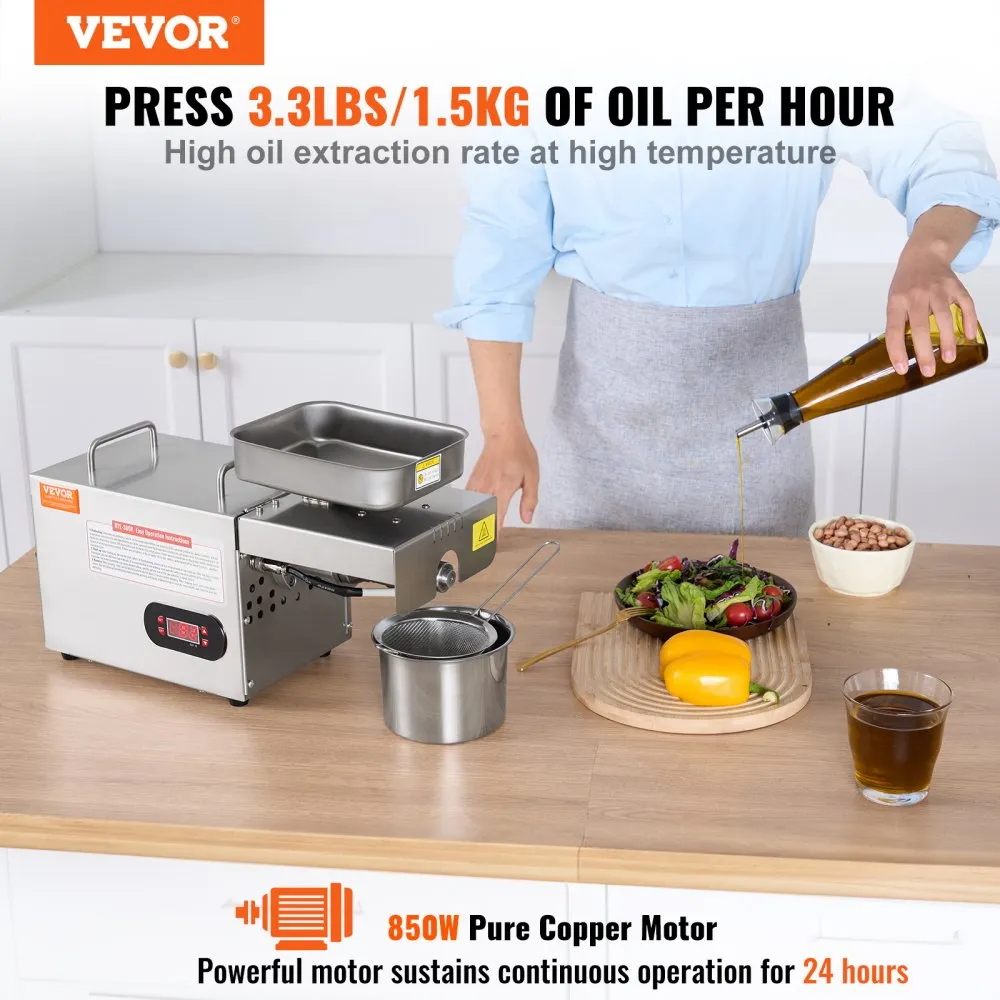VEVOR ELEKTRISCHE OLIEPERS, 850 W ROESTVRIJSTALEN OLIEEXTRACTIEMACHINE, 0300 ℃ INSTELBARE TEMPERATUUR, HETE PERSOLIEPERS VOOR 