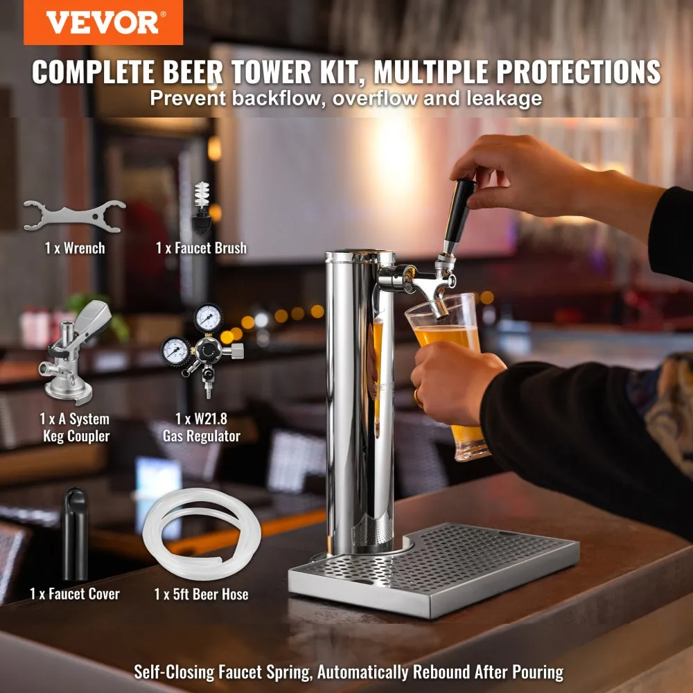 VEVOR Kegerator Tower Kit, Single Tap Beer Conversion Kit, roestvrijstalen vat biertorendispenser met dubbele meter W21.8 regela