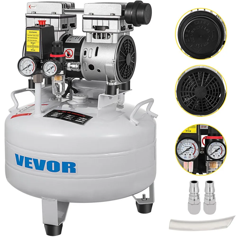 VEVOR Luchtcompressor Stille Compressor Olievrije Compressor Pomp Draagbaar 850 W Bandenpomp Olievrije 8 Bar Olievrije Draagbare
