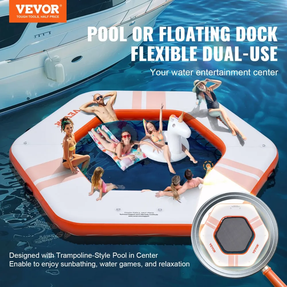 VEVOR Opblaasbaar drijvend dok Diameter 2,6 m Dockplatform met diameter 1,5 m Trampolinenet Zwembad Antislip drijvend platform W