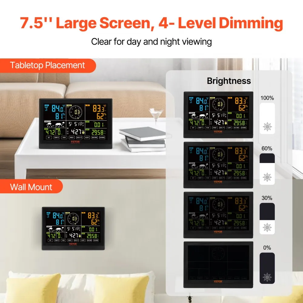 VEVOR PROFESSIONEEL WIFIWEERSTATION 7IN1 WEERCENTRUM OP ZONNEENERGIE 7,5INCH DISPLAY 150 M ZENDBEREIK BUITENSENSOR VOOR WIN