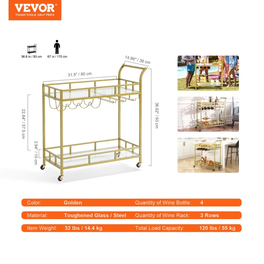 VEVOR serveerwagen barwagen trolley 2 niveaus, wijnwagen 55 kg draagvermogen, mobiele drankenwagen, spiegelglazen planken 85,5 x