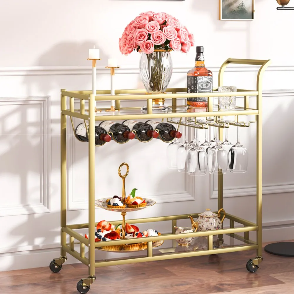 VEVOR serveerwagen barwagen trolley 2 niveaus, wijnwagen 55 kg draagvermogen, mobiele drankenwagen, spiegelglazen planken 85,5 x