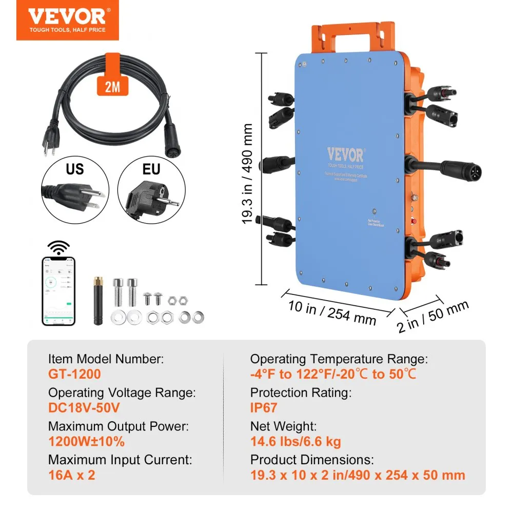VEVOR SOLAR GRID TIE MICROOMVORMER, 1200W SOLAR MICROOMVORMER, IP67 WATERDICHTE ALUMINIUM ZONNEENERGIE GRID TIE INVERTER DC18