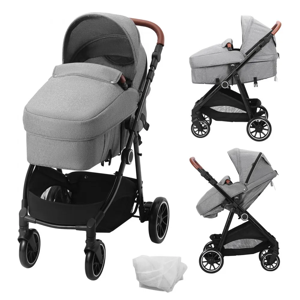 VEVOR Standaard kinderwagen met reiswieg, verstelbare rugleuning in de 3e versnelling en opklapbare en omkeerbare stoel, koolsto