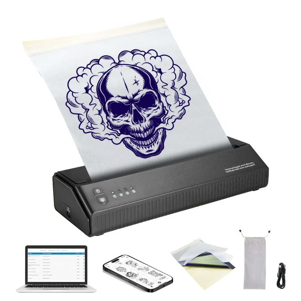 VEVOR TATTOO TRANSFERSJABLOONPRINTER, DRAADLOZE BLUETOOTHTATOEAGESJABLOONPRINTER MET 10 STUKS TRANSFERPAPIER EN STOFFEN ZAK, 