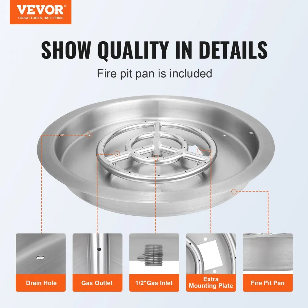 VEVOR Φ 485,14 mm vuurplaatspan Ronde vuurplaats Temperaturen tot 800 °C 92.000 BTU Toepasbare gassoorten Propaan Aardgas Roestv